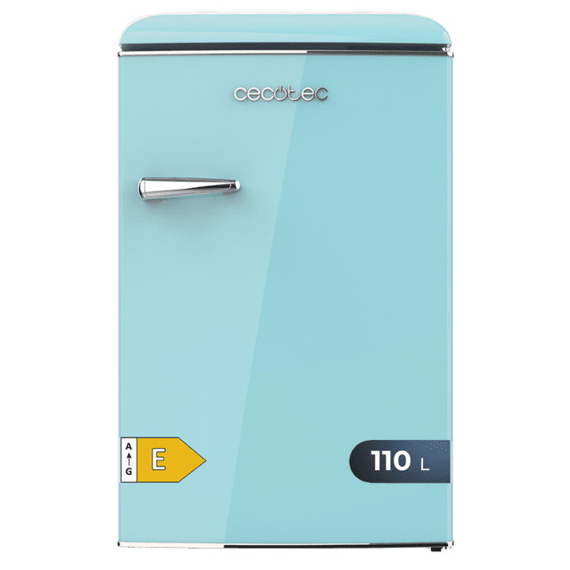 Bolero CoolMarket TT Origin 110 Blue E Mini-réfrigérateur rétro d'une capacité de 110 L, classe E, ICEBOX, LED intérieure, poignée chromée et plateaux en verre.