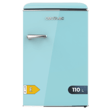 Bolero CoolMarket TT Origin 110 Blue E Mini-réfrigérateur rétro d'une capacité de 110 L, classe E, ICEBOX, LED intérieure, poignée chromée et plateaux en verre.