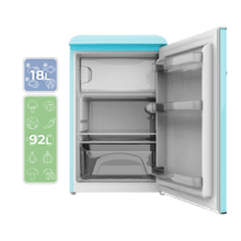 Bolero CoolMarket TT Origin 110 Blue E Mini refrigerador retrô com capacidade de 110L, classe E, ICEBOX, LED interno, alça cromada e bandejas de vidro.