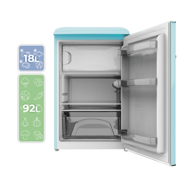 Bolero CoolMarket TT Origin 110 Blue E Mini-réfrigérateur rétro d'une capacité de 110 L, classe E, ICEBOX, LED intérieure, poignée chromée et plateaux en verre.