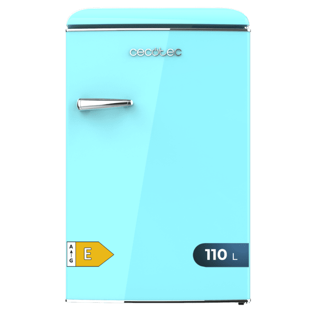 Bolero CoolMarket TT Origin 110 Blue E Mini refrigerador retrô com capacidade de 110L, classe E, ICEBOX, LED interno, alça cromada e bandejas de vidro.