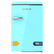 Bolero CoolMarket TT Origin 110 Blue E Mini refrigerador retrô com capacidade de 110L, classe E, ICEBOX, LED interno, alça cromada e bandejas de vidro.