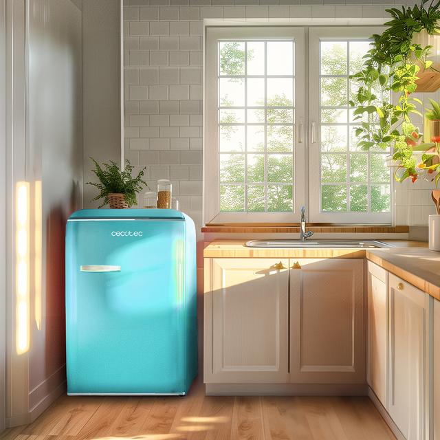 Bolero CoolMarket TT Origin 110 Blue E Mini refrigerador retrô com capacidade de 110L, classe E, ICEBOX, LED interno, alça cromada e bandejas de vidro.