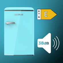 Bolero CoolMarket TT Origin 110 Blue E Mini refrigerador retrô com capacidade de 110L, classe E, ICEBOX, LED interno, alça cromada e bandejas de vidro.