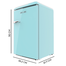 Bolero CoolMarket TT Origin 110 Blue E Mini-réfrigérateur rétro d'une capacité de 110 L, classe E, ICEBOX, LED intérieure, poignée chromée et plateaux en verre.