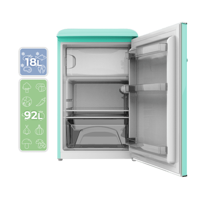 Bolero CoolMarket TT Origin 110 Green E Mini refrigerador retrô com capacidade de 110L, classe E, ICEBOX, LED interno, alça cromada e bandejas de vidro.