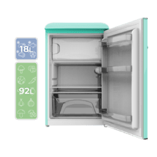 Bolero CoolMarket TT Origin 110 Green E Mini-réfrigérateur rétro d'une capacité de 110 L, classe E, ICEBOX, LED intérieure, poignée chromée et plateaux en verre.