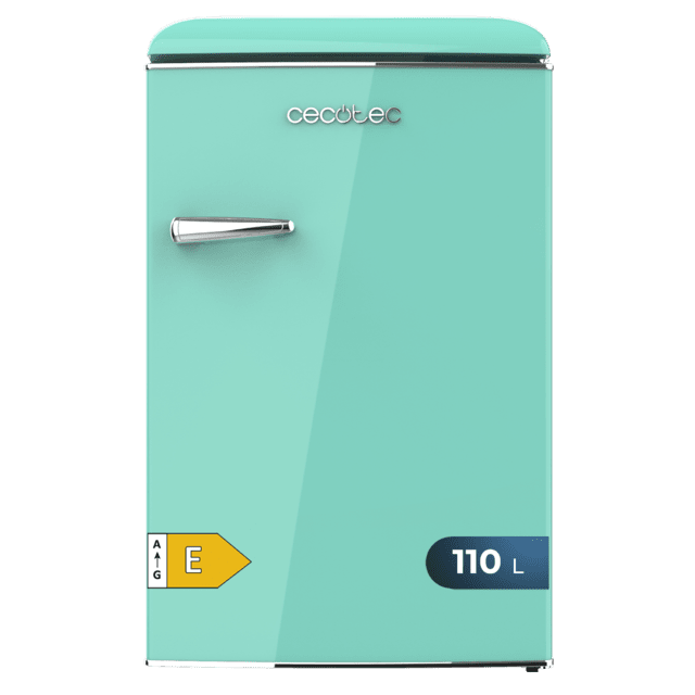 Bolero CoolMarket TT Origin 110 Green E Mini-réfrigérateur rétro d'une capacité de 110 L, classe E, ICEBOX, LED intérieure, poignée chromée et plateaux en verre.