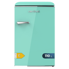 Bolero CoolMarket TT Origin 110 Green E Mini-réfrigérateur rétro d'une capacité de 110 L, classe E, ICEBOX, LED intérieure, poignée chromée et plateaux en verre.