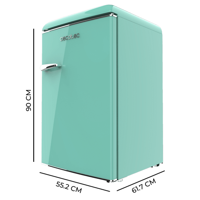 Bolero CoolMarket TT Origin 110 Green E Mini refrigerador retrô com capacidade de 110L, classe E, ICEBOX, LED interno, alça cromada e bandejas de vidro.