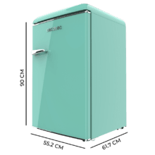 Bolero CoolMarket TT Origin 110 Green E Mini refrigerador retrô com capacidade de 110L, classe E, ICEBOX, LED interno, alça cromada e bandejas de vidro.