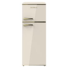 Bolero CoolMarket 2D Origin 215 Beige E Frigorífico Retro 2D Origin Red com capacidade de 215 l, Classe E, LED interior, pega cromada, prateleiras de vidro e controlo de temperatura.