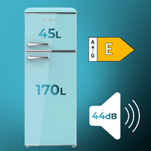 Bolero CoolMarket 2D Origin 215 Blue E Frigorífico Retro con capacidad de 215L, clase E, Luz interior, tirador cromado, bandejas cristal y control de temperatura.