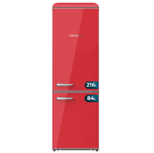 Bolero CoolMarket Combi Origin 300 Red E Frigorífico retro con capacidad de 300L, clase E, Luz interior, Crisper Box, control de temperatura, tirador cromado y bandejas de cristal.