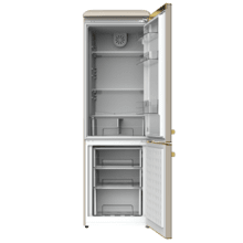 Bolero CoolMarket Combi Origin 300 Beige E Réfrigérateur combiné rétro d'une capacité de 300 L, classe E, éclairage intérieur, bac à légumes, contrôle de la température, poignée chromée et plateaux en verre.
