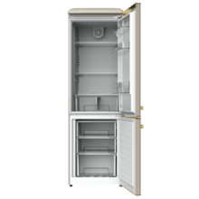 Bolero CoolMarket Combi Origin 300 Beige E Frigorífico Retro Combi Origin Beige com capacidade de 300 l, Classe E, LED interior, Crisper Box, pega cromada, prateleiras de vidro e controlo de temperatura.