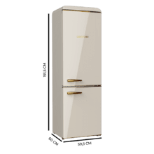 Bolero CoolMarket Combi Origin 300 Beige E Réfrigérateur combiné rétro d'une capacité de 300 L, classe E, éclairage intérieur, bac à légumes, contrôle de la température, poignée chromée et plateaux en verre.