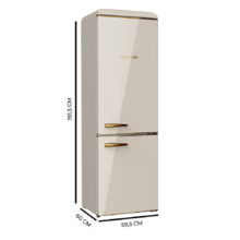 Bolero CoolMarket Combi Origin 300 Beige E Frigorífico Retro Combi Origin Beige com capacidade de 300 l, Classe E, LED interior, Crisper Box, pega cromada, prateleiras de vidro e controlo de temperatura.