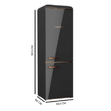 Réfrigérateur combiné Bolero CoolMarket Combi Origin 300 Black E Retro d'une capacité de 300 L, classe E, éclairage intérieur, bac à légumes, contrôle de la température, poignée chromée et plateaux en verre.