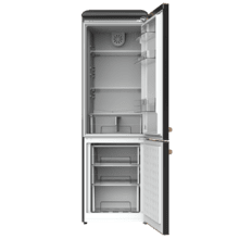 Réfrigérateur combiné Bolero CoolMarket Combi Origin 300 Black E Retro d'une capacité de 300 L, classe E, éclairage intérieur, bac à légumes, contrôle de la température, poignée chromée et plateaux en verre.