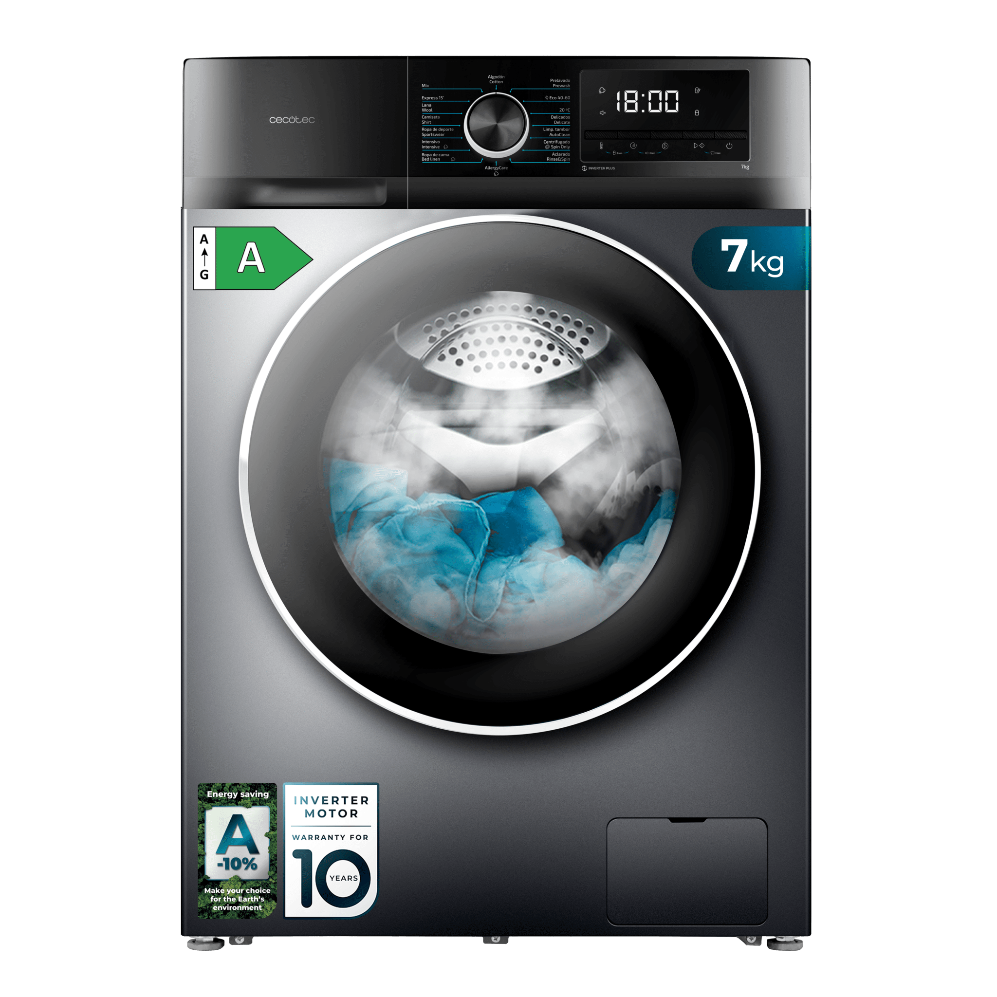 Bolero DressCode 7500 Inverter Steel A Machine à laver d'une capacité d'acier de 7 kg et 1400 tr/min, inverseur plus moteur, 16 programmes, classe A et SteamMax.