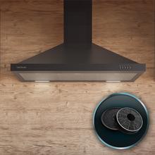 Bolero Flux PM 906500 Black A Campana piramidal de 90cm de ancho, acabado negro, succión 650m3/h, Motor 165W, Clase A, control mecánico, 3 niveles de potencia, luz y filtro de carbono.