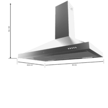 Bolero Flux PM 906500 Inox Eine 90 cm breite Pyramidenhaube, Edelstahloberfläche, Saugleistung 650 m3/h, 165-W-Motor, Klasse A, mechanische Steuerung, 3 Leistungsstufen, Licht und Kohlefilter.