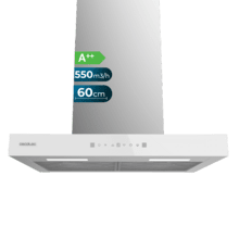 Cappa T Bolero Flux TT 605500 Glass White A++ larga 60 cm, finitura frontale in vetro bianco, potenza di aspirazione di 550 m3/h, motore da 70 W, classe A++, controllo touch, 3 livelli di potenza, Booster, luce, filtro a carbone attivo, Hand Movement Control e Delay Function.