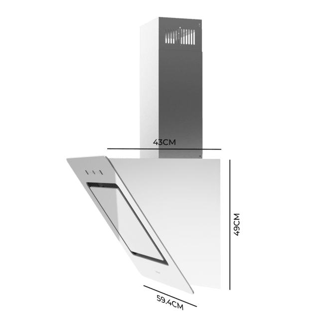 Bolero Flux DT 608002 Glass White A++ Campana decorativa de 60cm de ancho, acabado frontal vidrio blanco, chimenea inox, succión 800m3/h, Motor 210W, Clase A++, control táctil, 3 niveles de potencia, Booster, luz, filtro de carbono, Hand Movement Control y Delay Function.