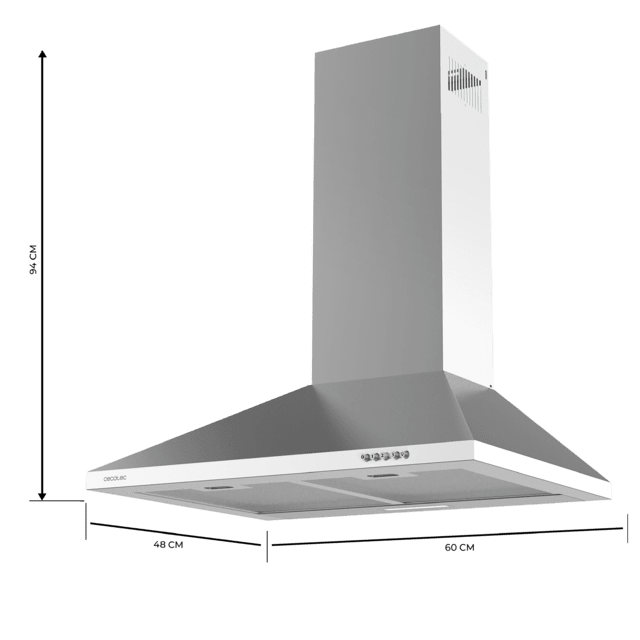 Bolero Flux PM 604300 Inox C Campana extractora piramidal de 60 cm de ancho, acabado inox, succión 430m3/h , Motor 105W, Clase C, control mecánico, 3 niveles de potencia, Luz y filtro de aluminio.