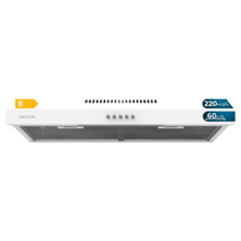 Bolero Flux CM 602200 White B Campana extractora convencional de 60cm de ancho, acabado blanco, potencia succión 220m3/h, Motor 70W, Clase B, control mecánico, 3 niveles de potencia y luz.