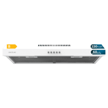 Flux CM 602200 White B Exaustor convencional 60 cm de largura, acabamento branco, potência de sucção 220 m3/h, Motor 70 W, Classe B, controlo mecânico, 3 níveis de potência e luz.