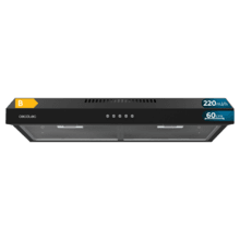 Bolero Flux CM 602200 Black B Campana extractora convencional de 60cm de ancho, acabado negro, potencia succión 220m3/h, Motor 70W, Clase B, control mecánico, 3 niveles de potencia y luz.