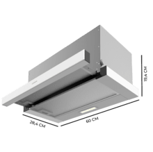 Bolero Flux TLM 603500 White A Exaustor telescópico, 60 cm de largura, acabamento branco, potência de sucção 350m3/h, motor 70 W, classe A, controlo mecânico, 2 níveis de potência e filtro de carvão.