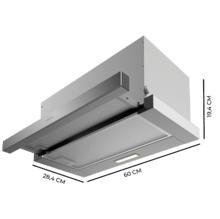 Bolero Flux TLM 603500 Inox A Exaustor telescópico 60 cm de largura, acabamento inox, potência de sucção 350m3/h, motor 70 W, classe A, controlo mecânico, 2 níveis de potência e filtro de carvão.