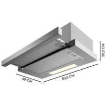 Flux TLM 605500 Inox A Exaustor telescópico, 60 cm de largura, acabamento inox, potência de sucção 650 m3/h, motor 165 W, classe A, controlo mecânico, 2 níveis de potência e filtro de carvão.