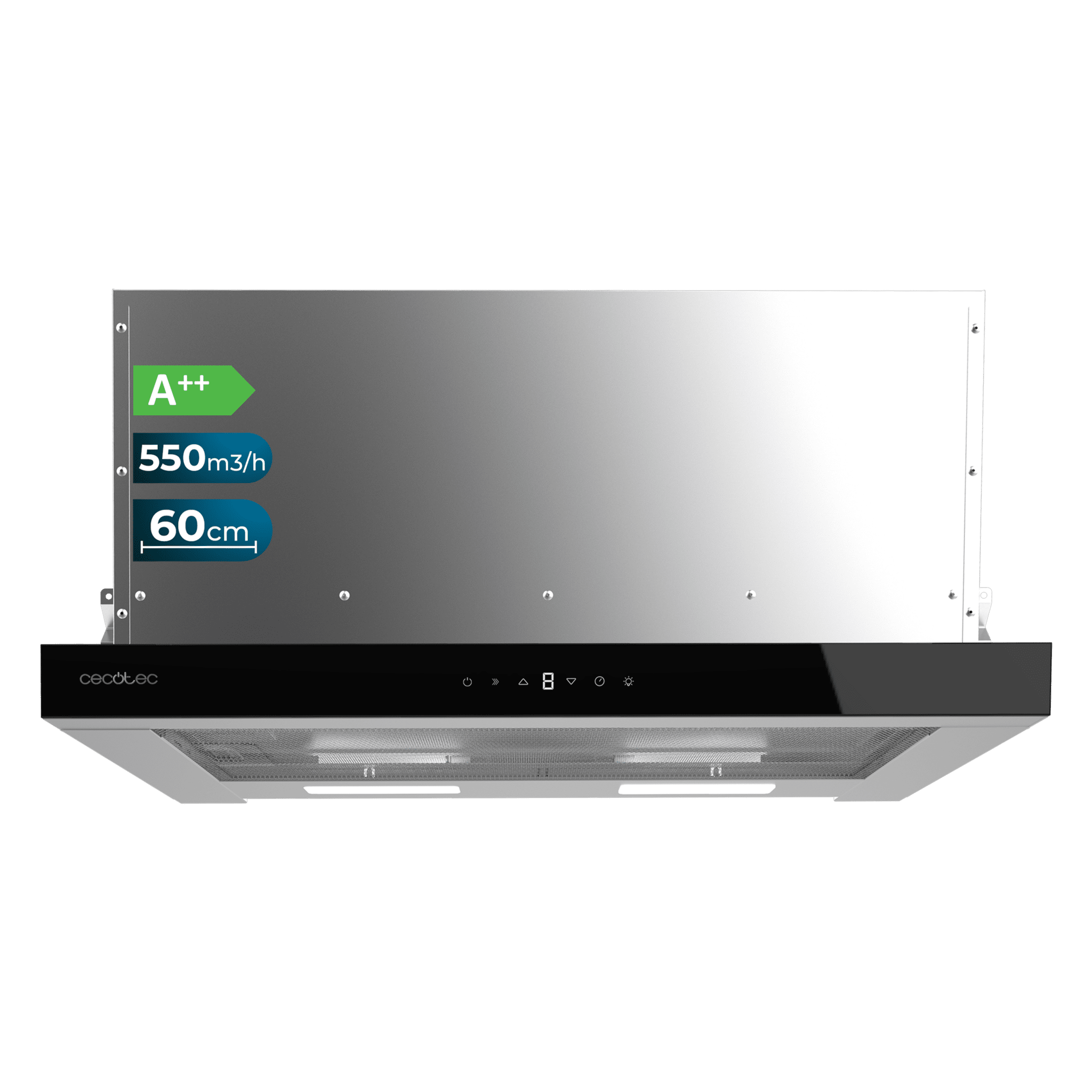 Bolero Flux TLT 605500 Glass Black A++ Hotte aspirante télescopique de 60 cm de large, finition de la façade en verre blanc, puissance d'aspiration 550 m3/h, Moteur 70 W, Classe A++, commande tactile, filtre à charbon et Hand Movement Control.Bolero Flux TLT 605500 Glass Black A++