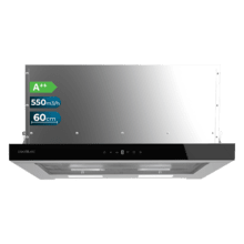 Bolero Flux TLT 605500 Glass Black A++ Hotte aspirante télescopique de 60 cm de large, finition de la façade en verre blanc, puissance d'aspiration 550 m3/h, Moteur 70 W, Classe A++, commande tactile, filtre à charbon et Hand Movement Control.Bolero Flux TLT 605500 Glass Black A++