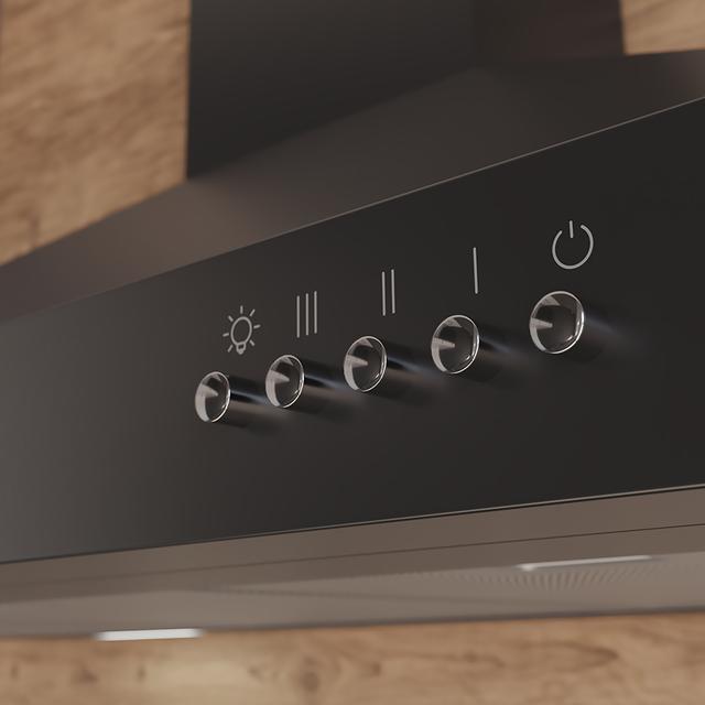 Bolero Flux PM 606500 Black Cappa piramidale larga 60 cm, finitura nera, aspirazione 650 m3/h, motore 165 W, classe A, controllo meccanico, 3 livelli di potenza, luce e filtro al carbone.