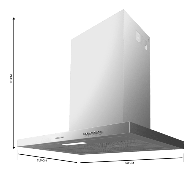 Bolero Flux TM 603500 Inox A Campana T de 60cm de ancho, acabado inox, succión 350m3/h, Motor 70W, Clase A, control mecánico, 3 niveles de potencia, luz y filtro de carbono.