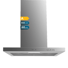 Bolero Flux TM 603500 Inox A Campana T de 60cm de ancho, acabado inox, succión 350m3/h, Motor 70W, Clase A, control mecánico, 3 niveles de potencia, luz y filtro de carbono.