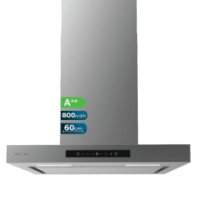 Bolero Flux TT 608000 Slim Glass Black A++ Campana T de 60cm de ancho, acabado inox, succión 800m3/h, Motor 210W, Clase A++, display táctil glass black, 3 niveles de potencia, Booster, luz, filtro de carbono, Hand Movement Control y Delay Function.