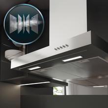 Bolero Flux TM 906500 Inox A Campana T de 90cm de ancho, acabado inox, succión 650m3/h, Motor 165W, Clase A, control mecánico, 3 niveles de potencia, luz y filtro de carbono.