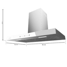 T-Dunstabzugshaube Bolero Flux TT 905500 Glas Weiß A++ 90cm breit, weiße Glasfront, Saugleistung 550m3/h, Motor 70W, Klasse A++, Touch Control, 3 Leistungsstufen, Licht, Aktivkohlefilter, Handbewegungssteuerung und Delay-Funktion.