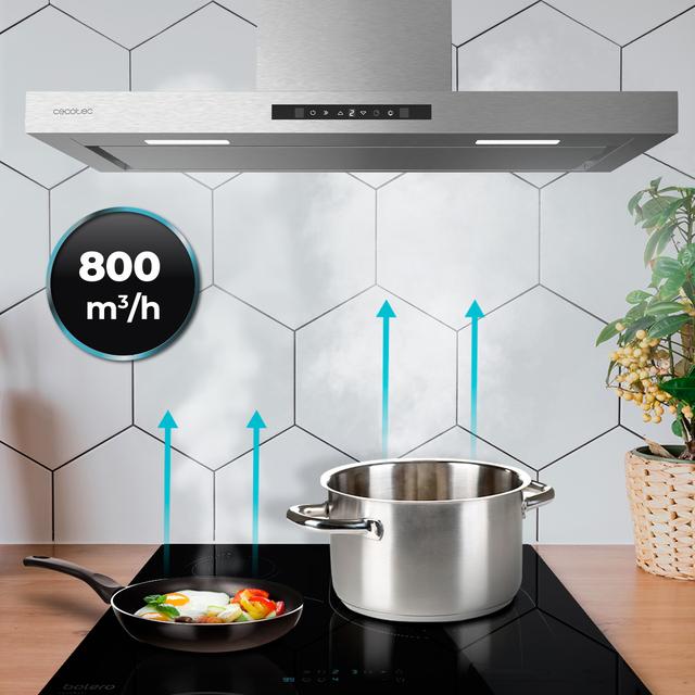 Bolero Flux TT 908000 Slim Glass Black A++ Hotte en forme de T Bolero Flux TT 908000 Slim Glass Black A++ de 90 cm de largeur, finition inox, puissance d'aspiration de 800 m3/h, moteur de 210 W, Classe A++, écran tactile glass black, 3 niveaux de puissance, éclairage, filtre à charbon, Hand Movement Control et Delay Function.