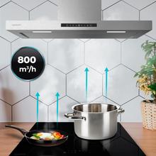 Bolero Flux TT 908000 Slim Glass Black A++ Hotte en forme de T Bolero Flux TT 908000 Slim Glass Black A++ de 90 cm de largeur, finition inox, puissance d'aspiration de 800 m3/h, moteur de 210 W, Classe A++, écran tactile glass black, 3 niveaux de puissance, éclairage, filtre à charbon, Hand Movement Control et Delay Function.