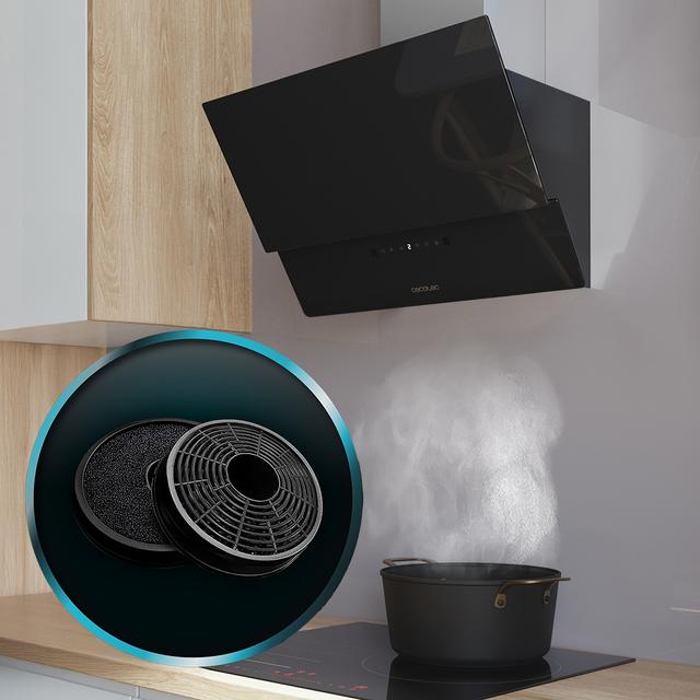 Bolero Flux DT 608001 Glass Black A++ Campana decorativa de 60cm de ancho, acabado frontal vidrio negro, chimenea inox, succión 800m3/h, Motor 210W, Clase A++, control táctil, 3 niveles de potencia, Booster, luz, filtro de carbono, Hand Movement Control y Delay Function.