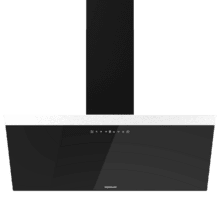 Bolero Flux DT 906500 Glas Schwarz Dekorative Dunstabzugshaube mit 90 cm Breite, schwarzer Glasfront, schwarzem Schornstein, Absaugung 650 m3/h, Motor 165 W, Klasse A, Touch Control, 3 Leistungsstufen, Booster, Licht, Kohlefilter und Handbedienung.