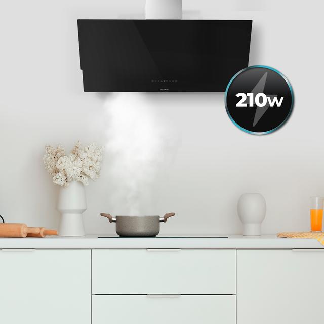 Bolero Flux DT 908001 Glass Black A++ Campana decorativa Bolero Flux DT 908001 Glass Black A++ de 90cm de ancho, acabado frontal vidrio negro, chimenea inox, succión 800m3/h, Motor 210W, Clase A++, control táctil, 3 niveles de potencia, Booster, luz, filtro de carbono y Hand Movement Control.