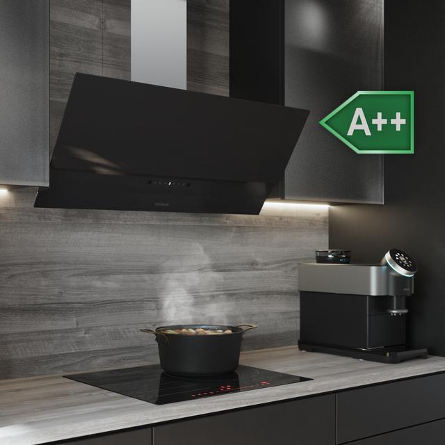 Bolero Flux DT 908001 Glass Black A++ Campana decorativa Bolero Flux DT 908001 Glass Black A++ de 90cm de ancho, acabado frontal vidrio negro, chimenea inox, succión 800m3/h, Motor 210W, Clase A++, control táctil, 3 niveles de potencia, Booster, luz, filtro de carbono y Hand Movement Control.